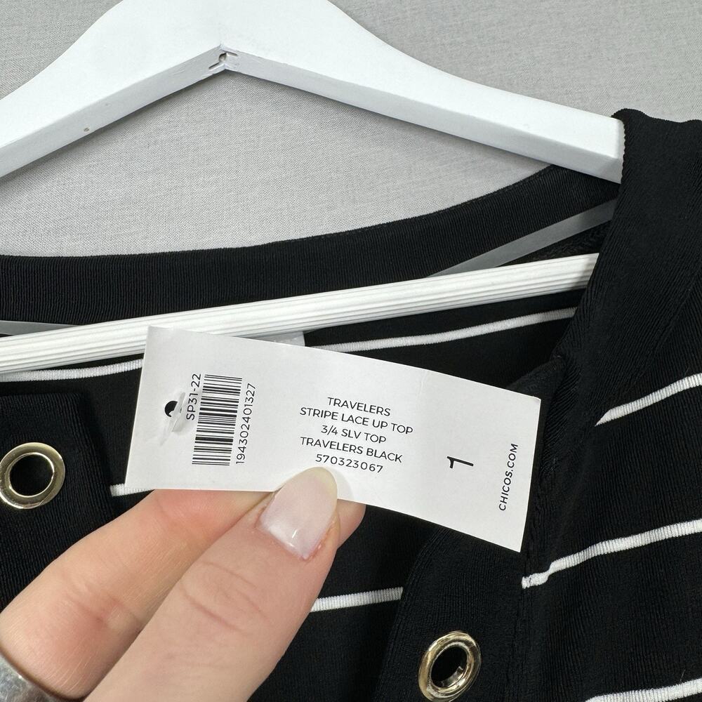 Chico's Womens Top 8/10 Black Striped Travelers Prep Old Money Nautical Knit - Picture 5 of 12